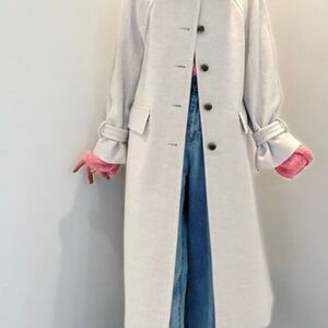 Japanese brand Free's Mart Jersey Melton Sten Collar Coat in heathered beige